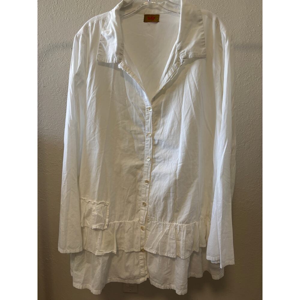 Tulip Brand Lagenlook Tunic Top Shirt Blouse Cotton Ruffles Size XL White
